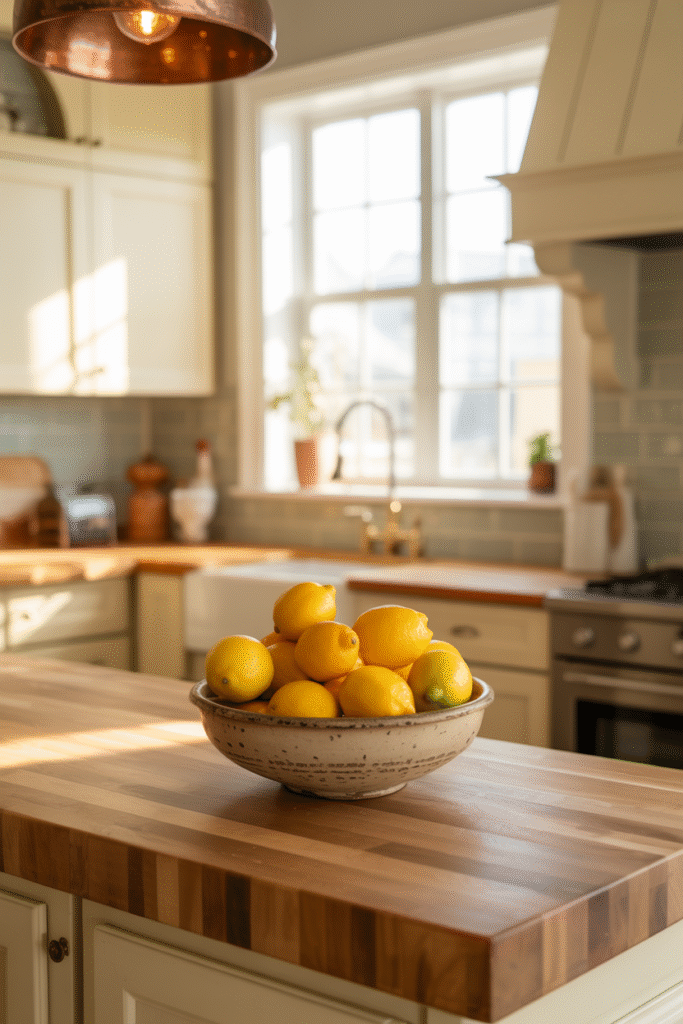 Soft farmhouse tones creating a welcoming kitchen atmosphere