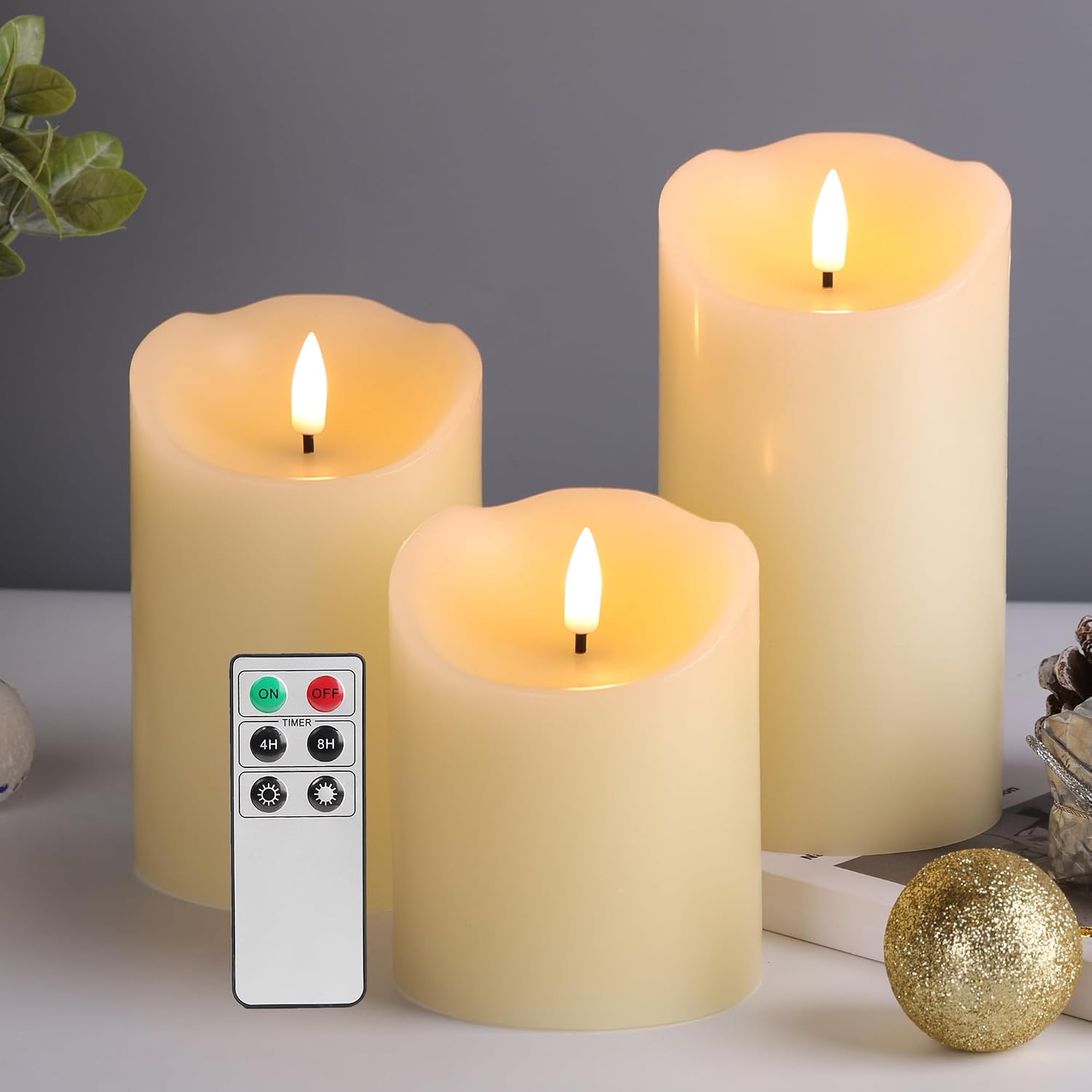 Eywamage Ivory Flickering Flameless Pillar Candles with Remote, Set of 3