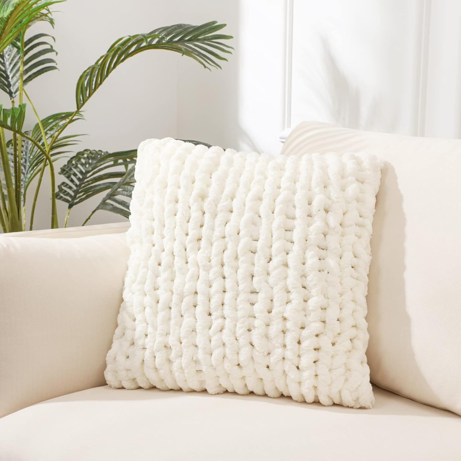 Cream White Chunky Knit Throw Pillow Cover, 18 x 18 Inch