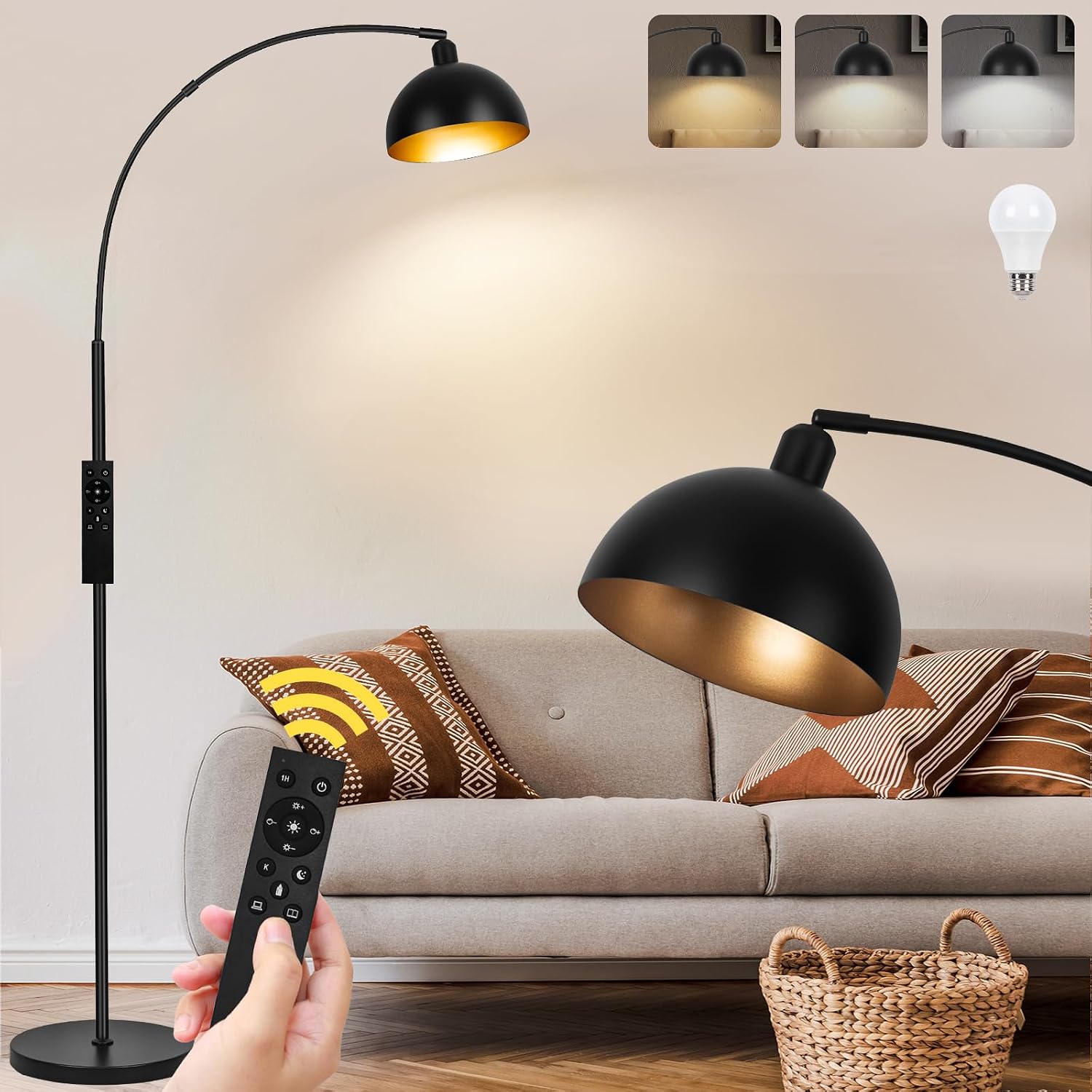 Black Arc Floor Lamp for Living Room, Dimmable with Remote