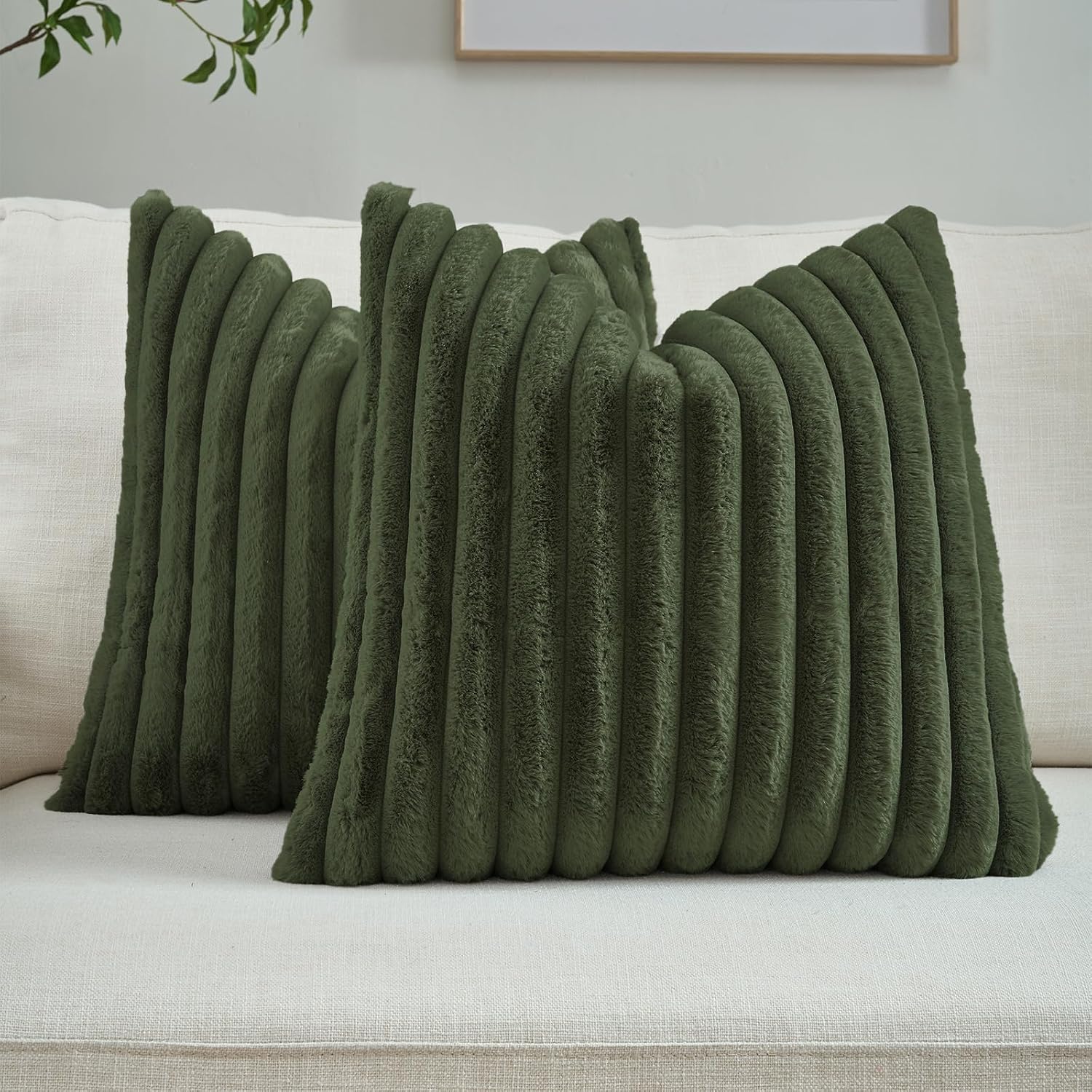 FUTEI Faux Fur Throw Pillow Covers, 18 x 18 Inch, Olive Green, Pack of 2