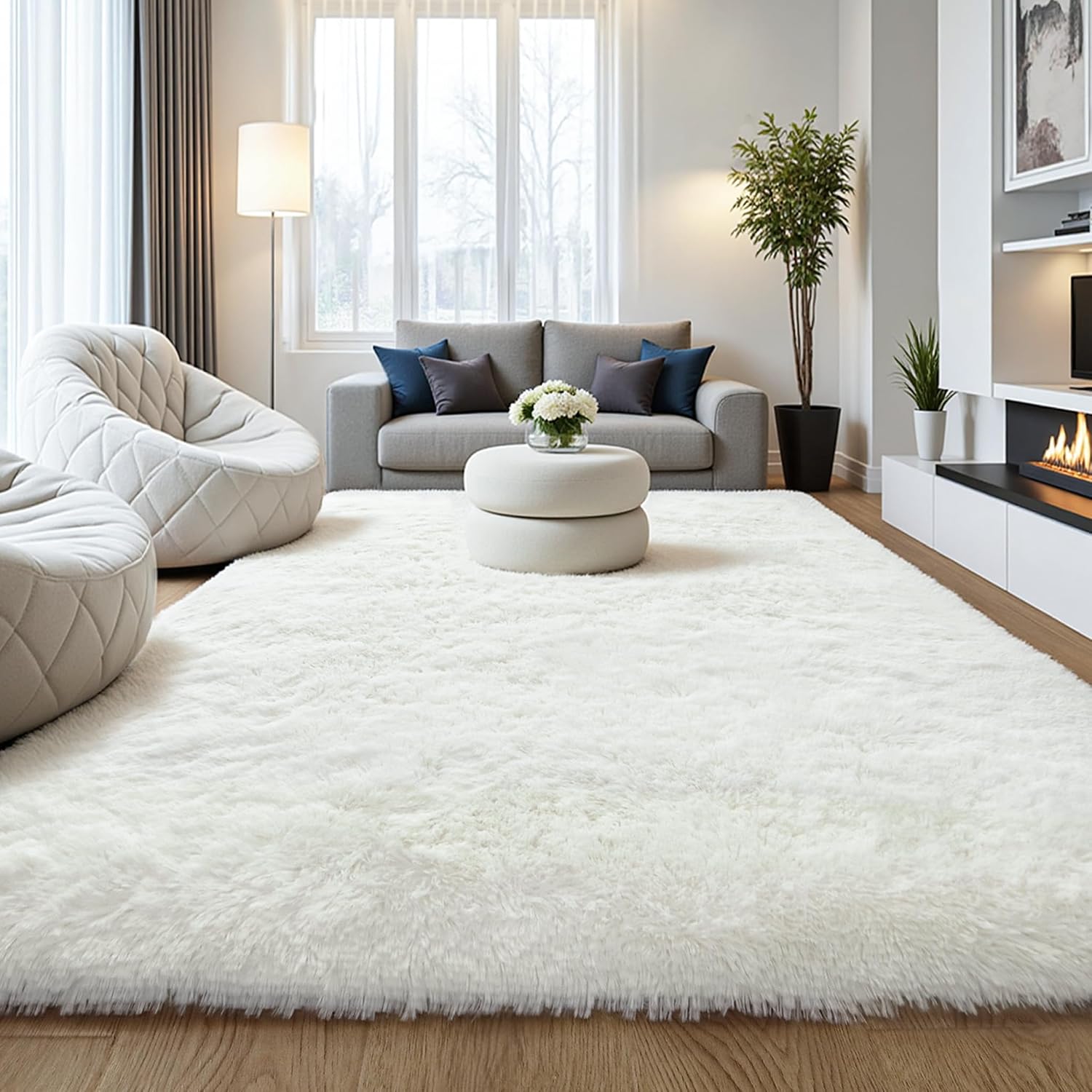 Cream White Fluffy Area Rug, 8 x 10, Soft Washable Shag Carpet