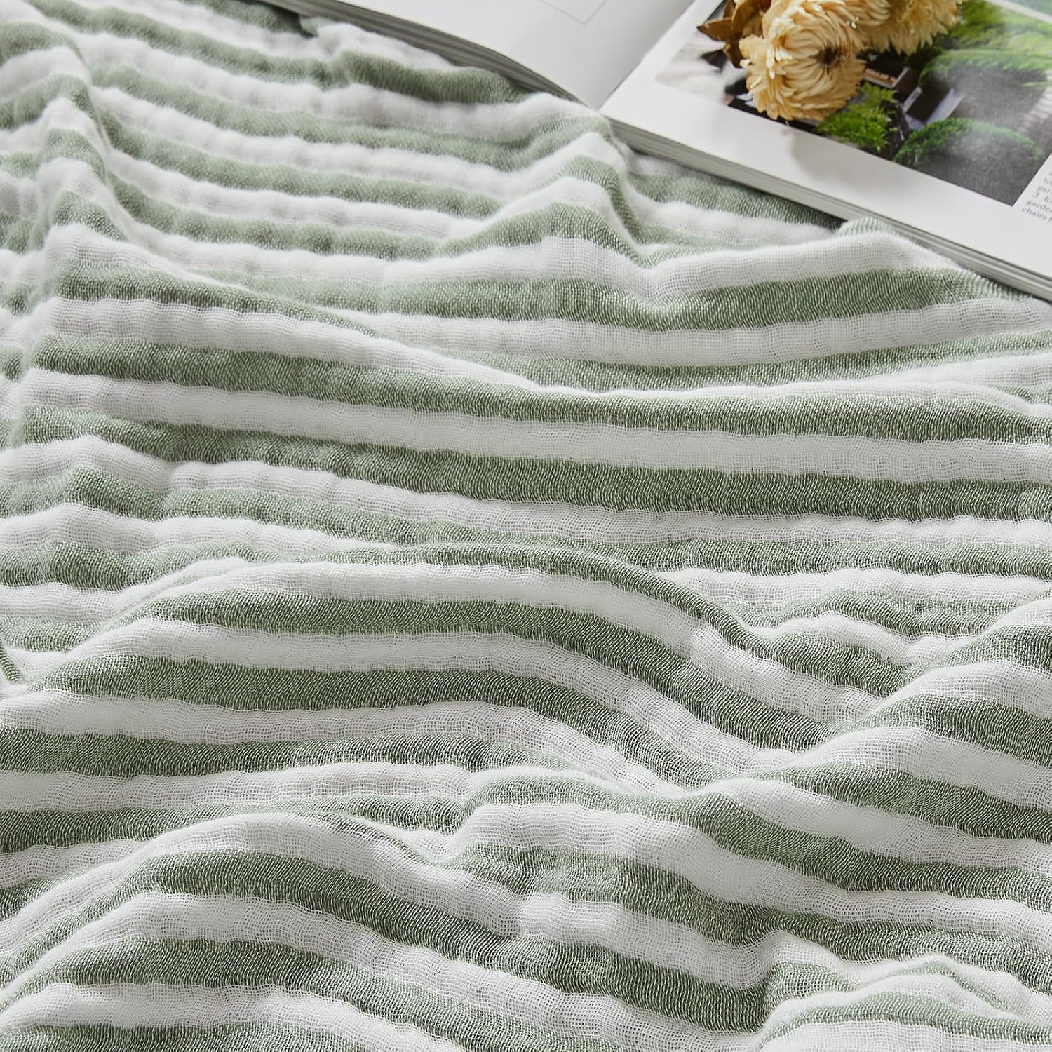 EMME Muslin Cotton Striped Throw Blanket, Sage Green, XL 50 x 70 Inch