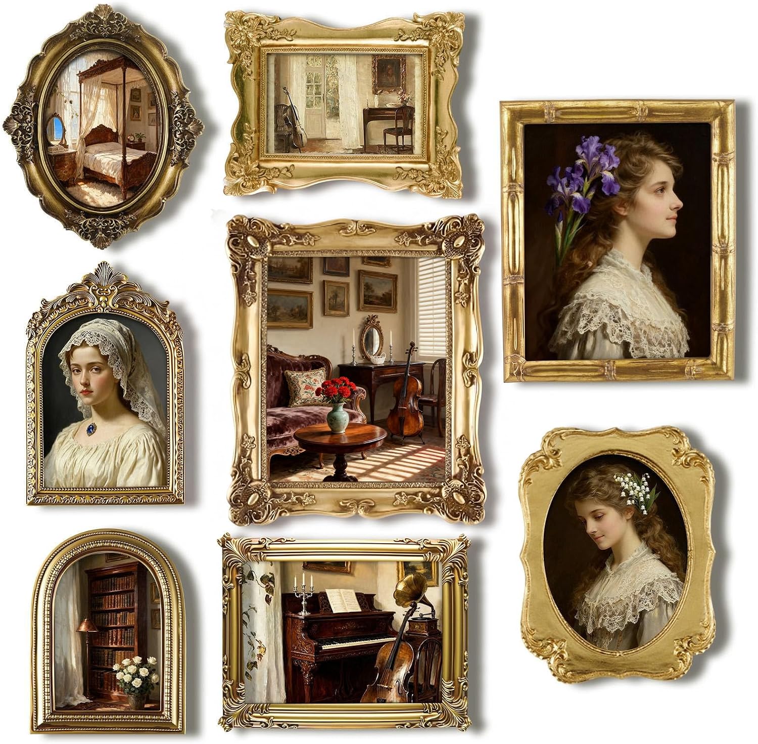Lineshading Vintage Picture Frames Set for Gallery Wall, Antique Gold, 8 Pcs