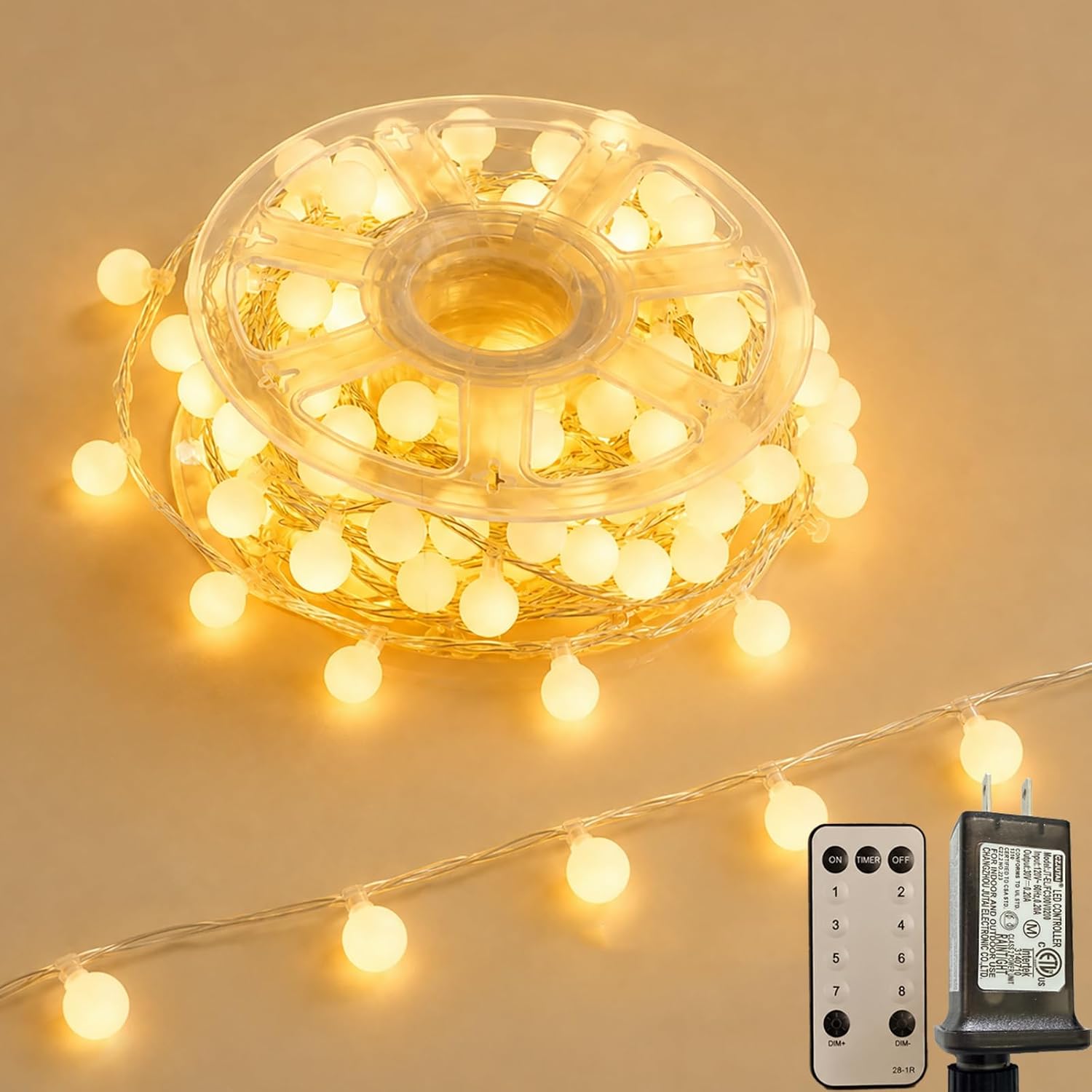 43 FT Warm White Globe String Lights with Remote, 100 LED