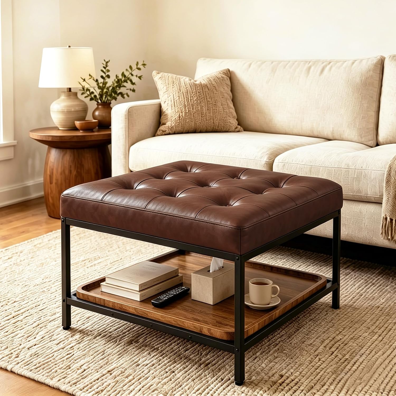 Square Storage Ottoman Coffee Table Bench, Brown Faux Leather