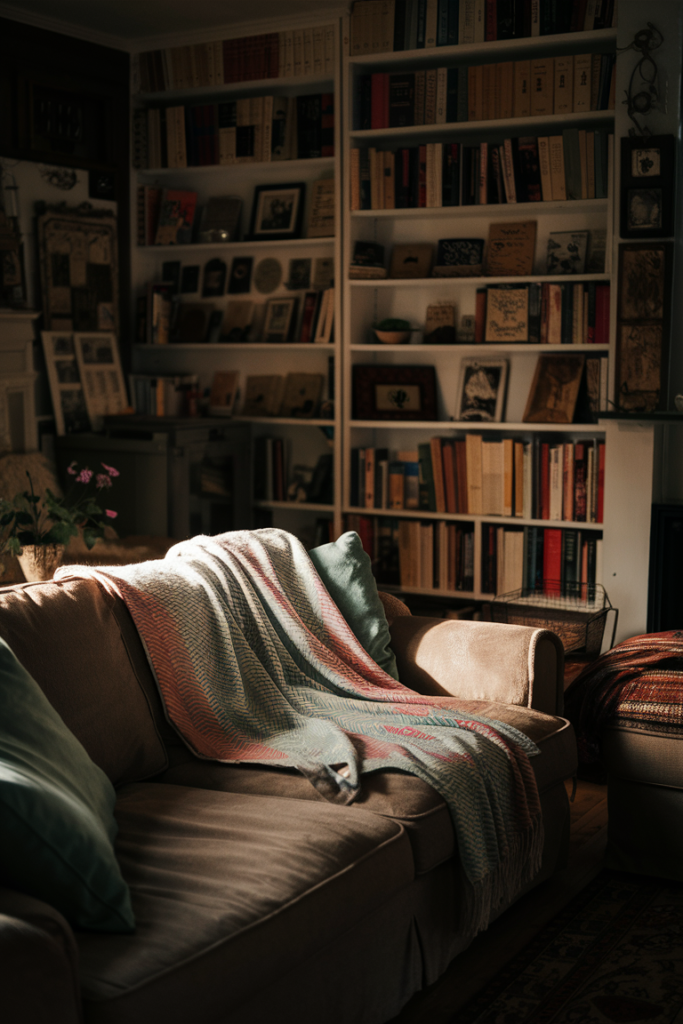 Soft striped throw blanket draped over a brown sofa in front of built-in bookshelves filled with books