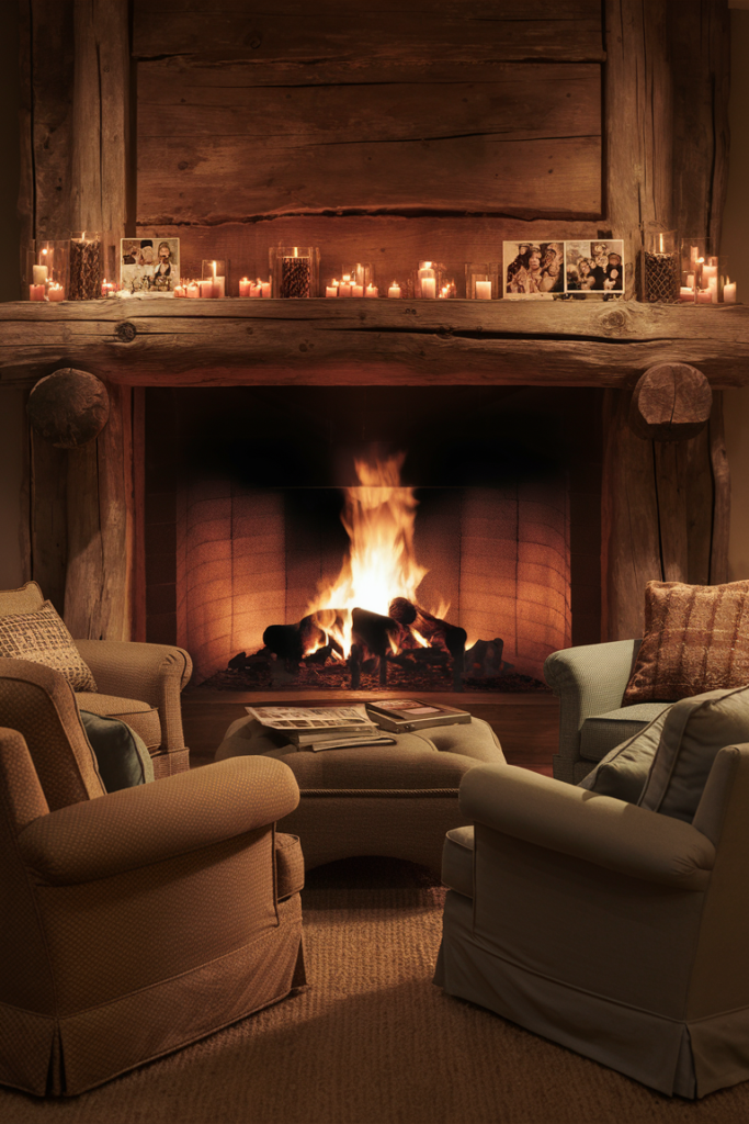 Cozy armchairs arranged around a stone fireplace with a roaring fire, rustic wood mantel decorated with candles and framed photos