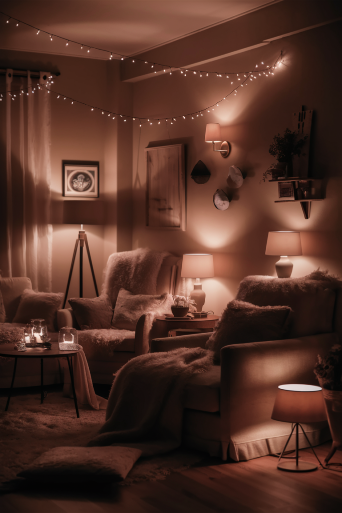 Dimly lit living room with warm string lights strung along the ceiling, multiple table lamps glowing and armchairs draped in soft throws