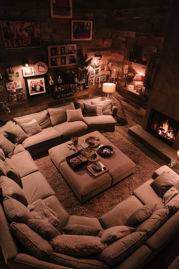 Large wraparound gray sectional sofa filled with pillows surrounding a square ottoman coffee table facing a lit fireplace