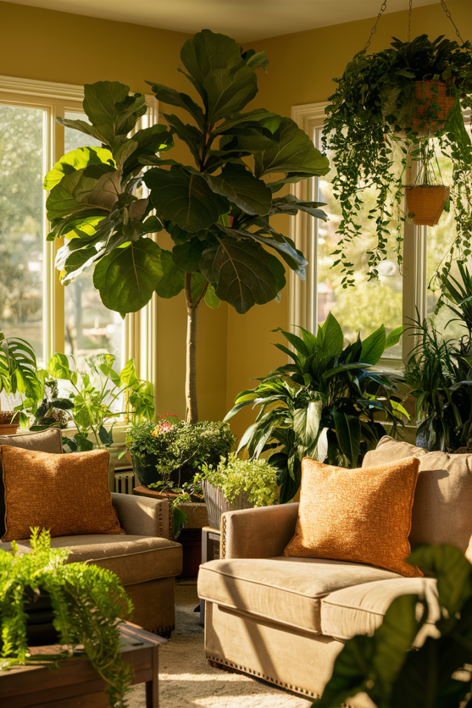 Living room filled with large leafy plants including a fiddle leaf fig and hanging pothos, with orange throw pillows on tan armchairs