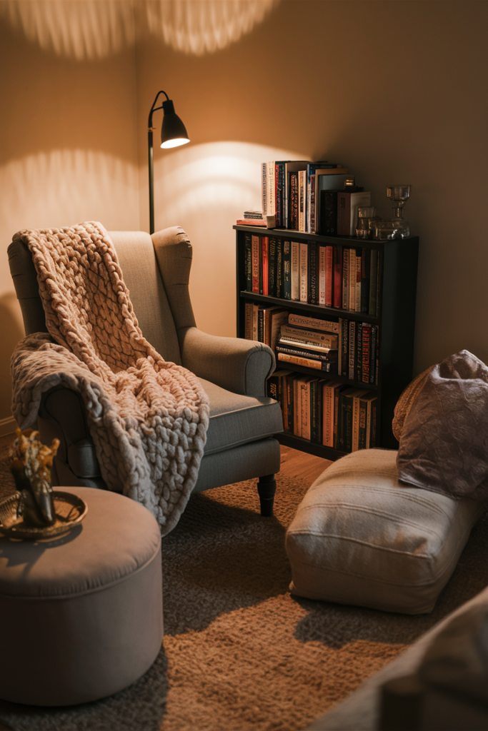 Cozy armchair with a chunky knit throw next to a floor lamp and bookshelf, with a round ottoman and floor cushion nearby