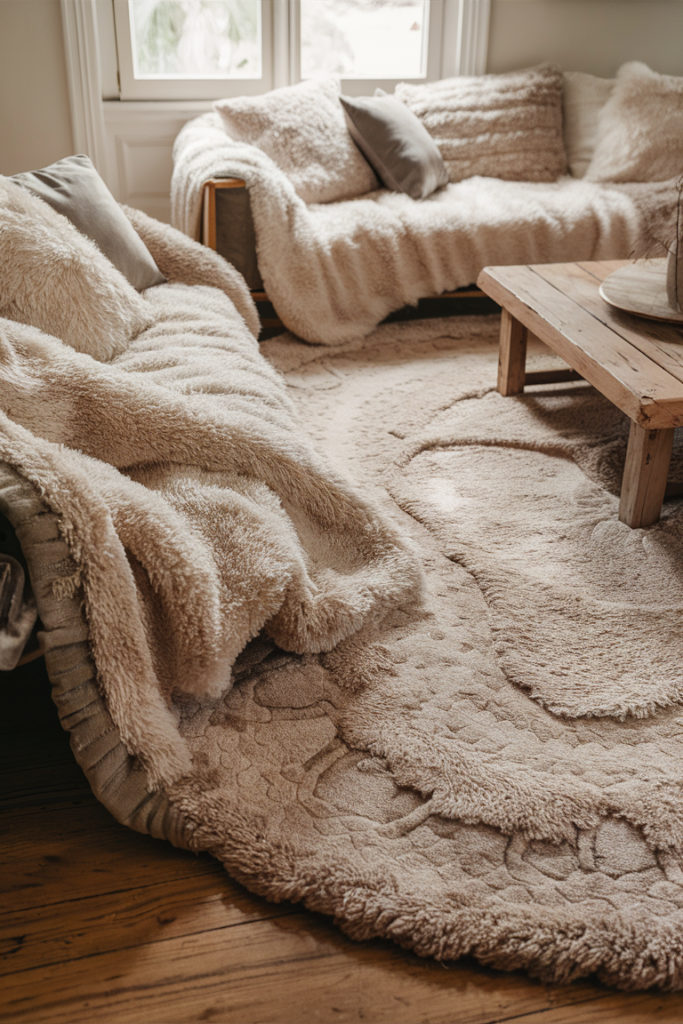 Thick plush cream shag area rug under a sofa draped with soft fuzzy blankets and pillows, next to a low wood coffee table