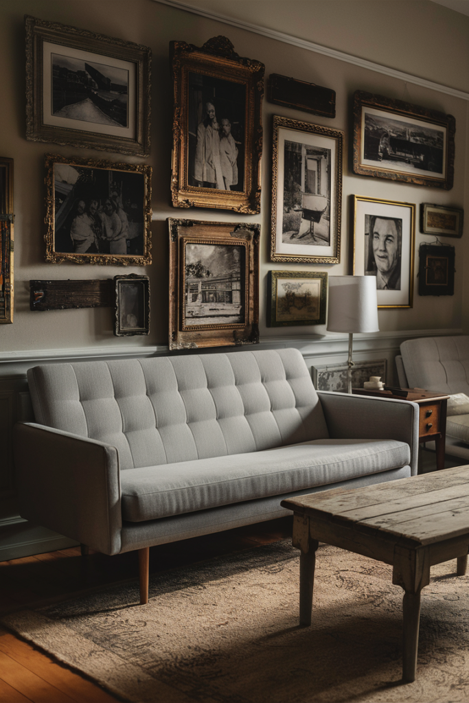 Gallery wall of vintage gold and black framed family photographs above a gray tufted sofa and rustic wood coffee table