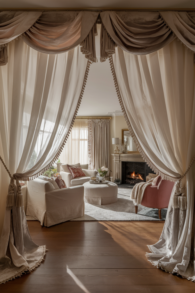 Dramatic swagged curtains with tasseled tiebacks framing a cozy sitting room with a lit fireplace and pink armchair