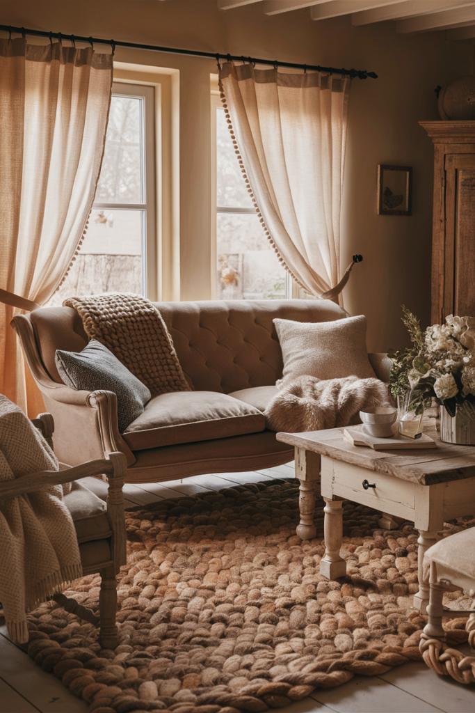 Beige velvet sectional sofa layered with a chunky knit throw blanket, mixed textured pillows and a woven pouf beside a rustic wood coffee table