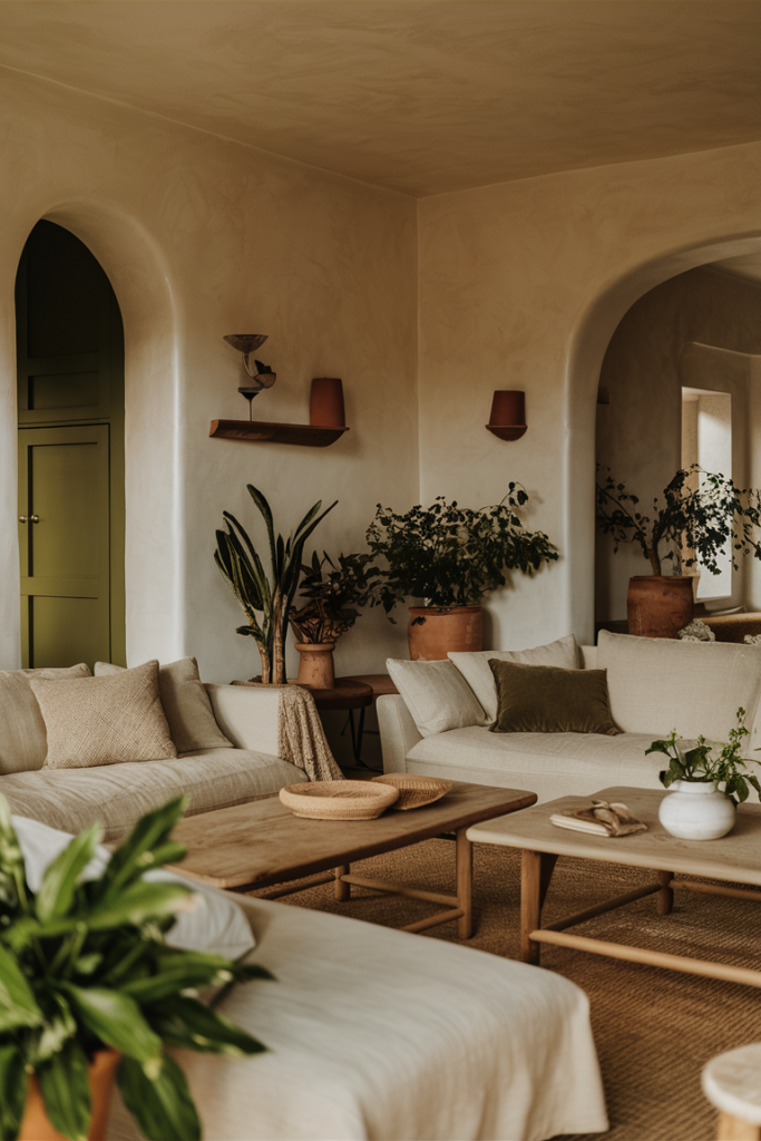 Sun-washed living room with warm neutral plaster walls, olive green accents, terracotta planters and arched doorways