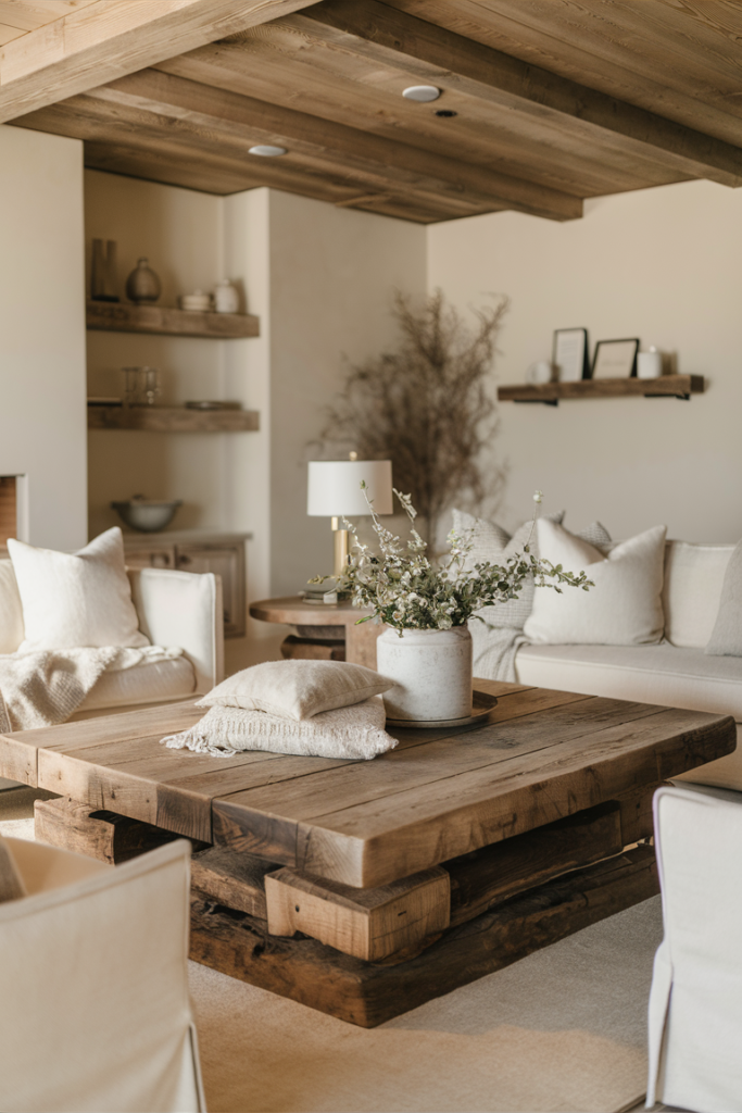 Chunky reclaimed wood coffee table in a living room with wood beam ceiling, open wood shelving and cream slipcovered chairs
