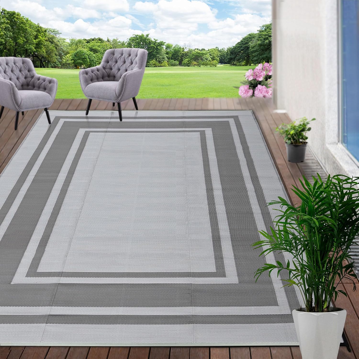 RURALITY Waterproof Outdoor Rug, 8 x 10 Ft, Plastic Straw Patio Mat