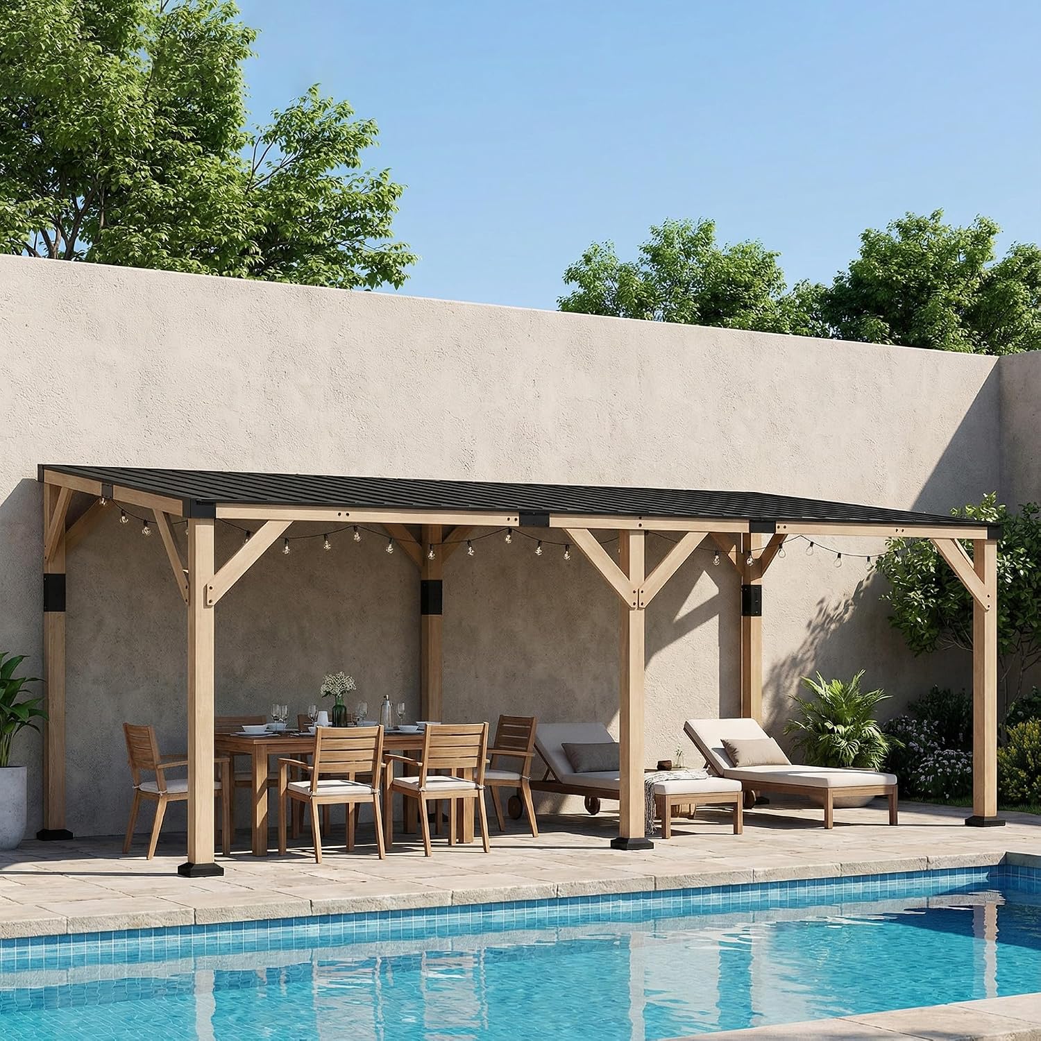 Outsunny 10 x 20 Ft Wooden Gazebo Hardtop Lean-to for Patio, Light Walnut