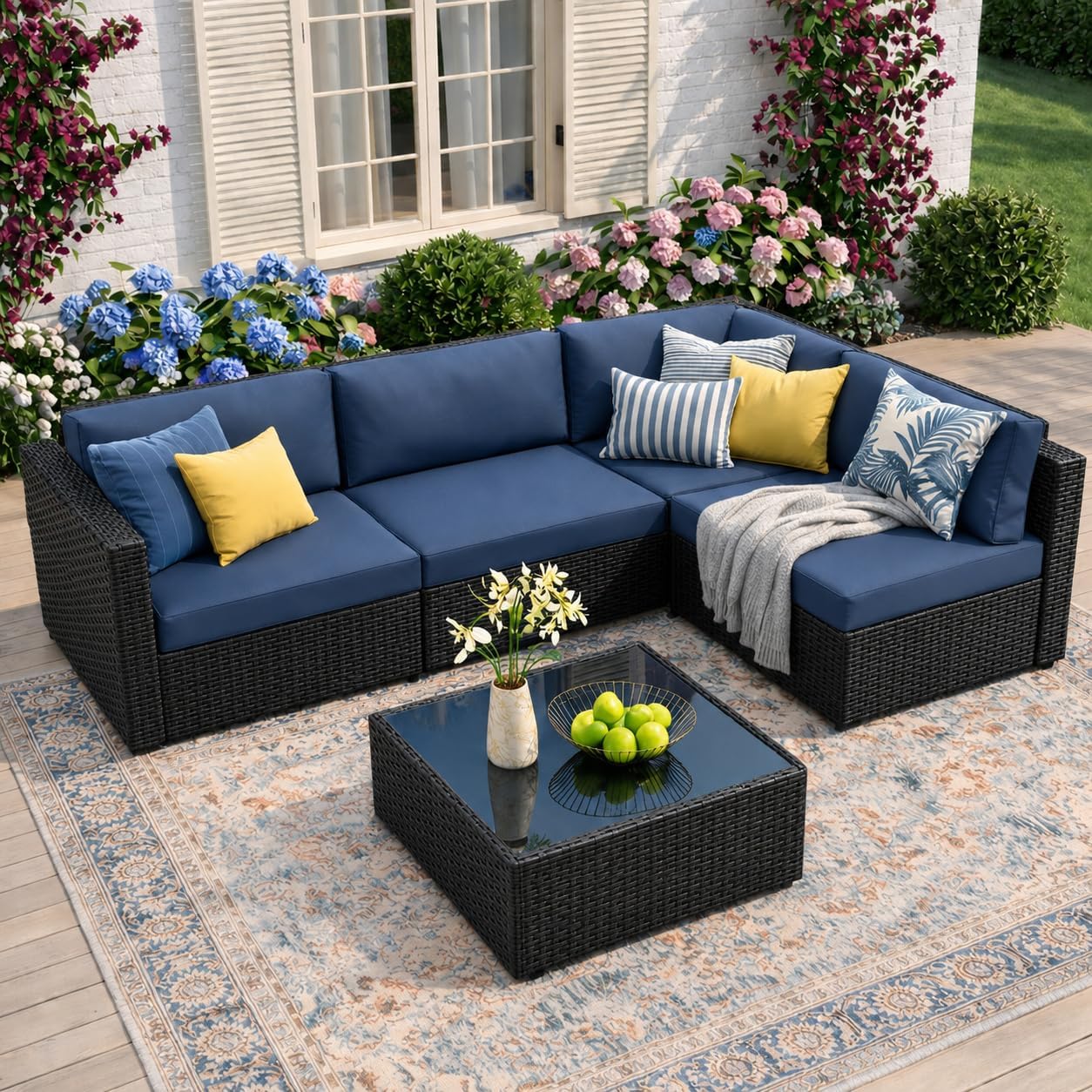 JAMFLY 5-Piece Wicker Patio Sectional Sofa Set with Thick Cushions and Coffee Table