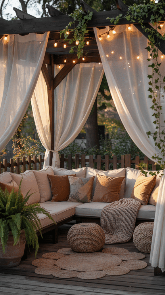 Warm lighting adding cozy ambiance to a pergola space