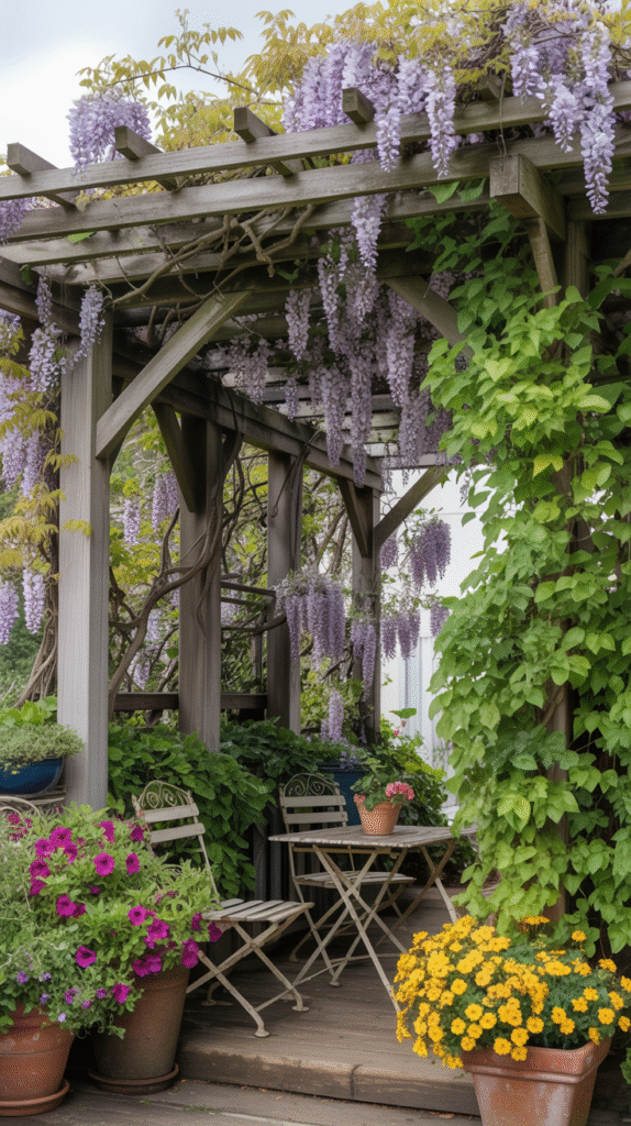 Textiles and rugs bringing warmth to an outdoor pergola