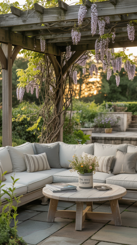 Comfortable seating setup creating an inviting pergola lounge area