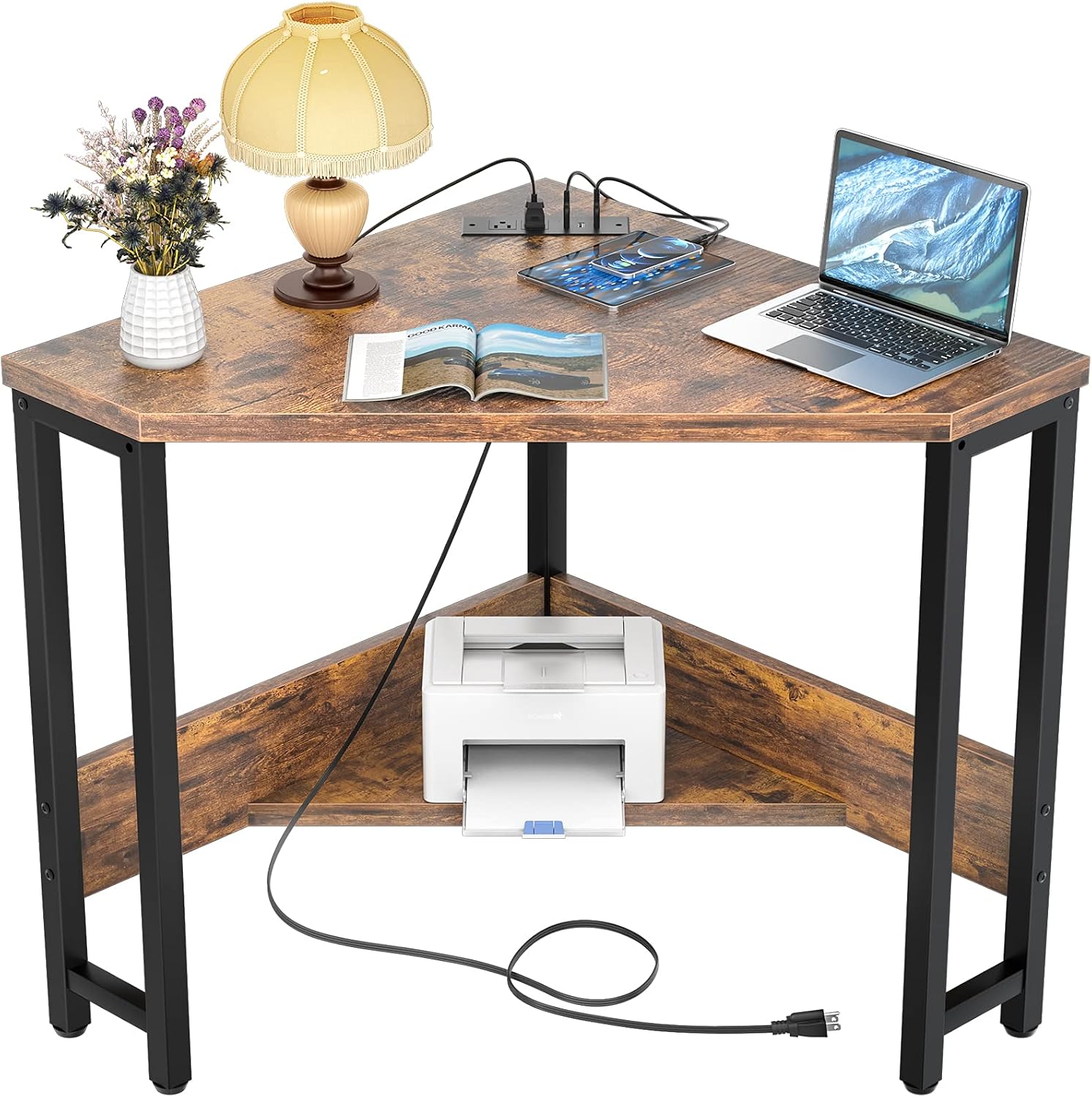 Armocity Industrial Corner Small Desk with Outlets for Small Spaces