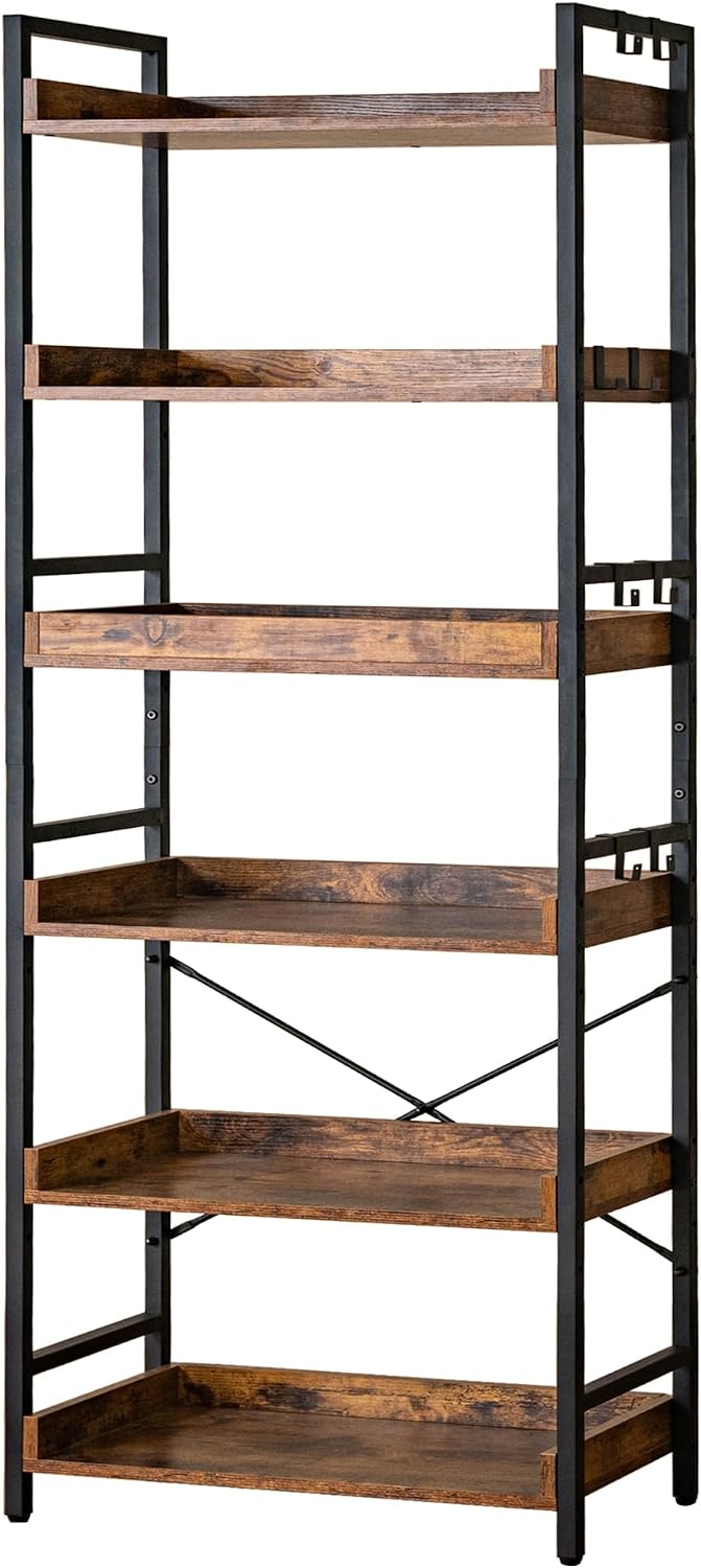 HCHQHS Adjustable 6 Tier Open Bookcase, Rustic Farmhouse Shelves