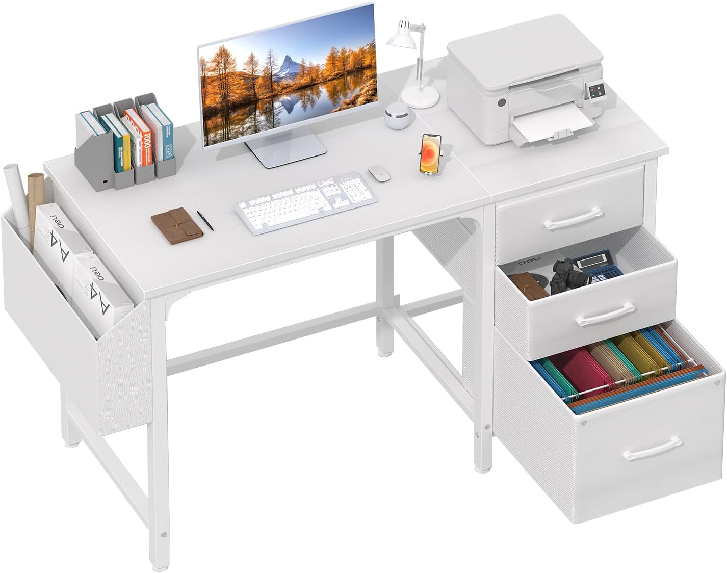 Lufeiya White Desk with File Drawers, 47 Inch Reversible Computer Desk