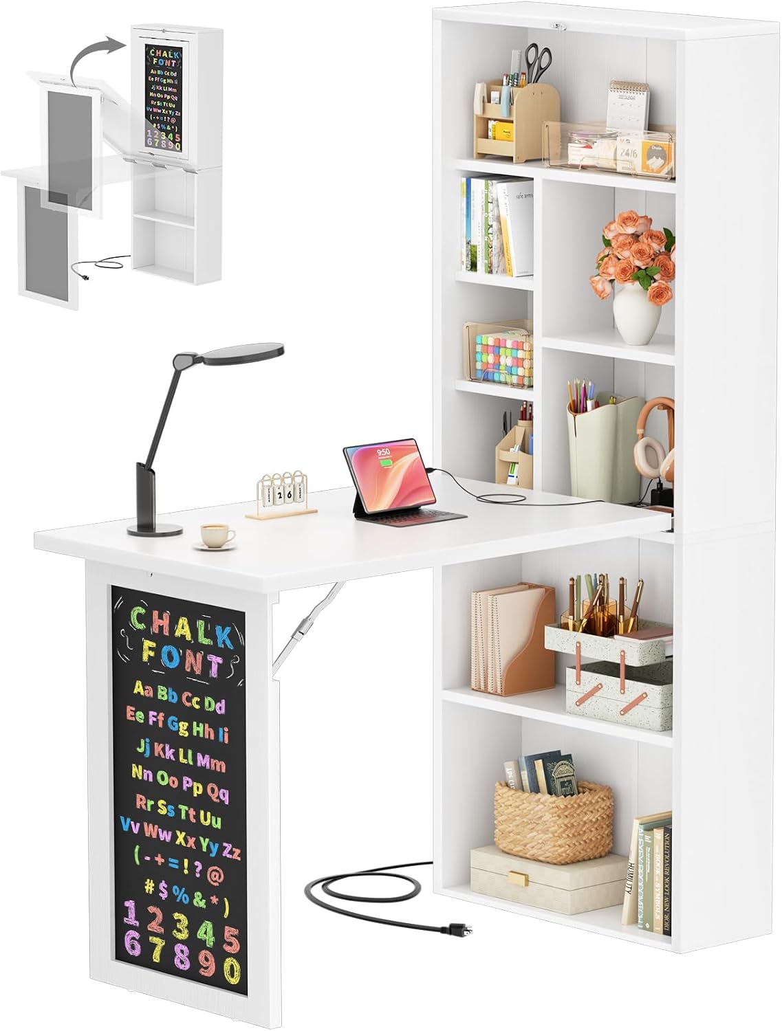 Armocity Small Folding Desk with Outlets, Fold-Out Murphy Craft Table