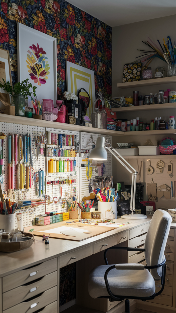 Organized crafting corner set up as a creative home office space
