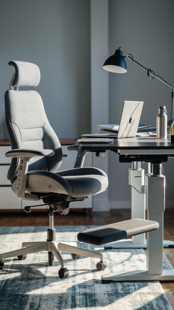 Ergonomic home office chair paired with an adjustable standing desk