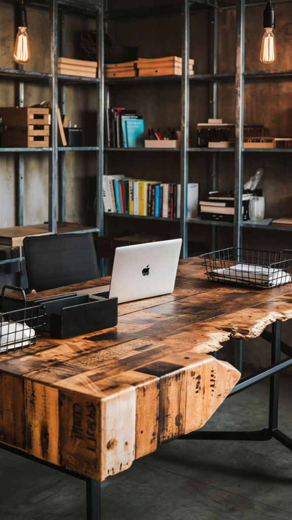 Striking industrial-themed workspace with exposed materials