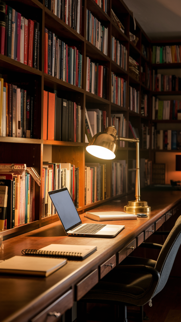 Home office combined with a floor-to-ceiling library bookshelf wall