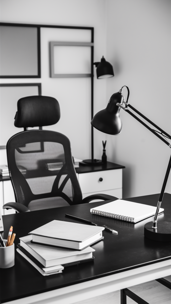 Stylish monochrome home office setup in a single tonal palette