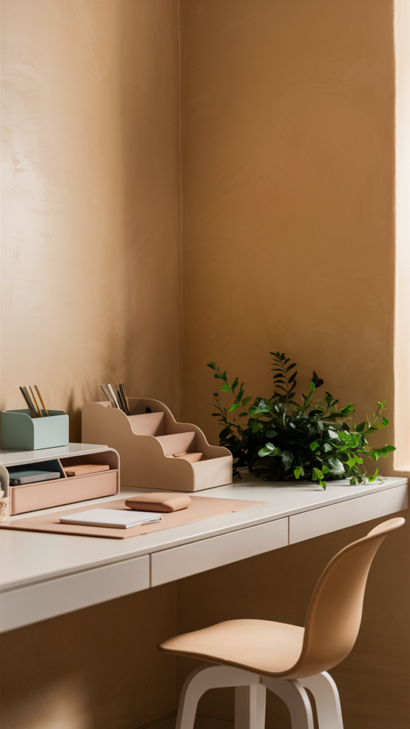 Tastefully curated neutral home office setup with a timeless feel