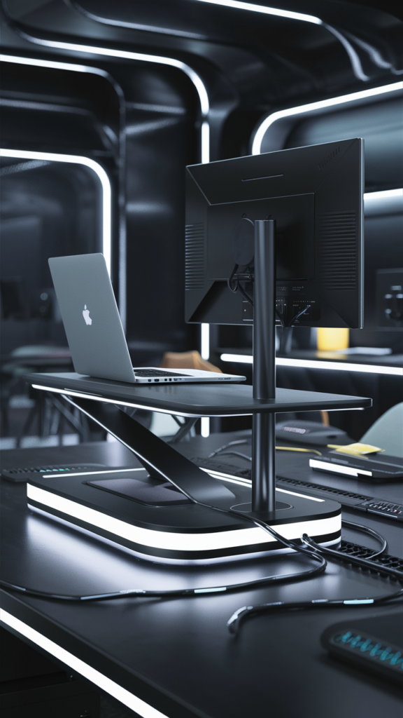 Futuristic tech-forward workspace with integrated smart devices