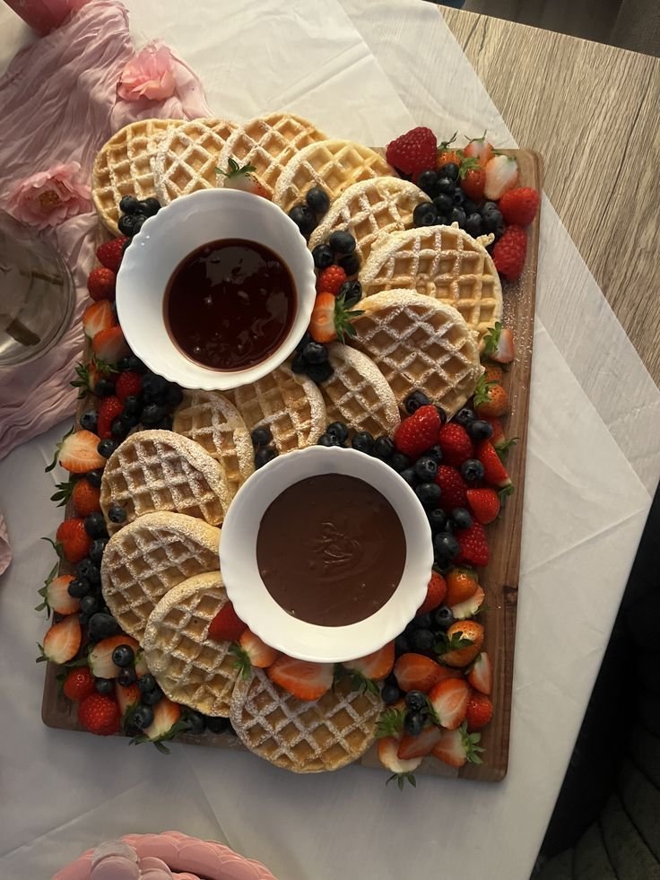 Breakfast dessert board with powdered sugar waffles, fresh strawberries, blueberries, maple syrup and chocolate dipping sauce