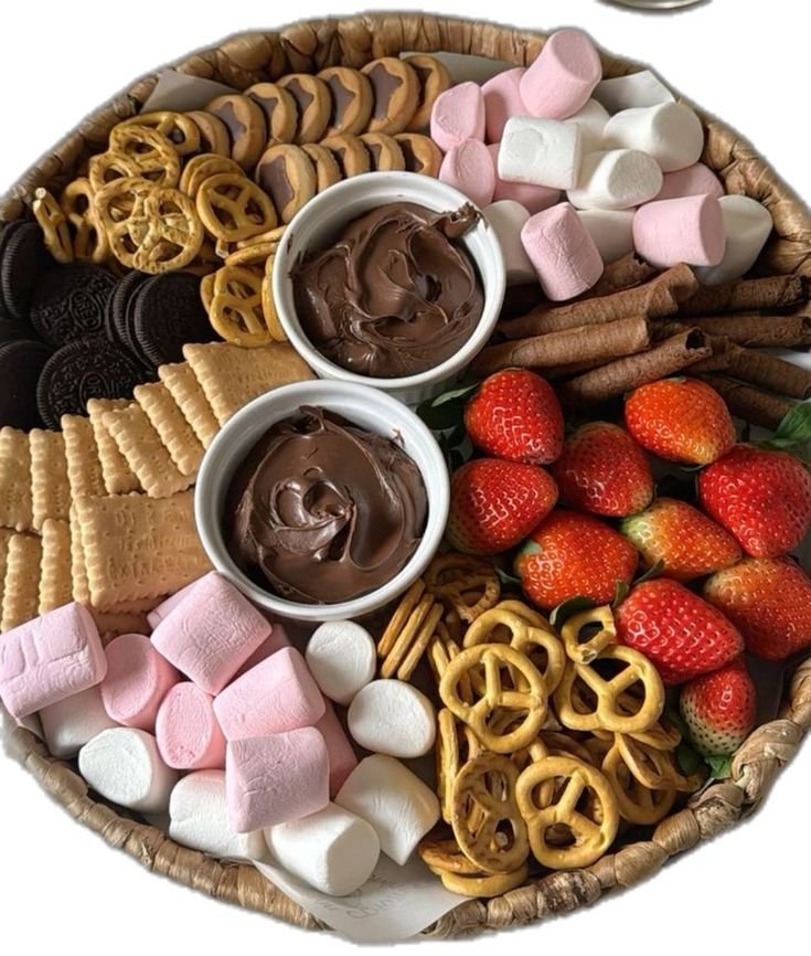 Round dessert board with chocolate pretzels, strawberries, Nutella dip, marshmallows and cinnamon sticks on a wicker tray