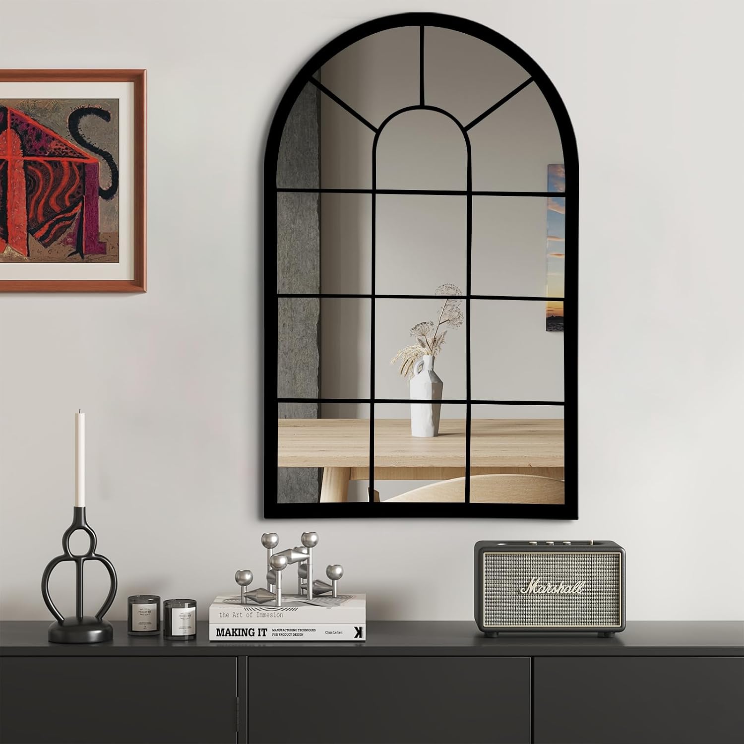 HQiJun Black Arched Window Mirror, Farmhouse Decorative Wall Mirror
