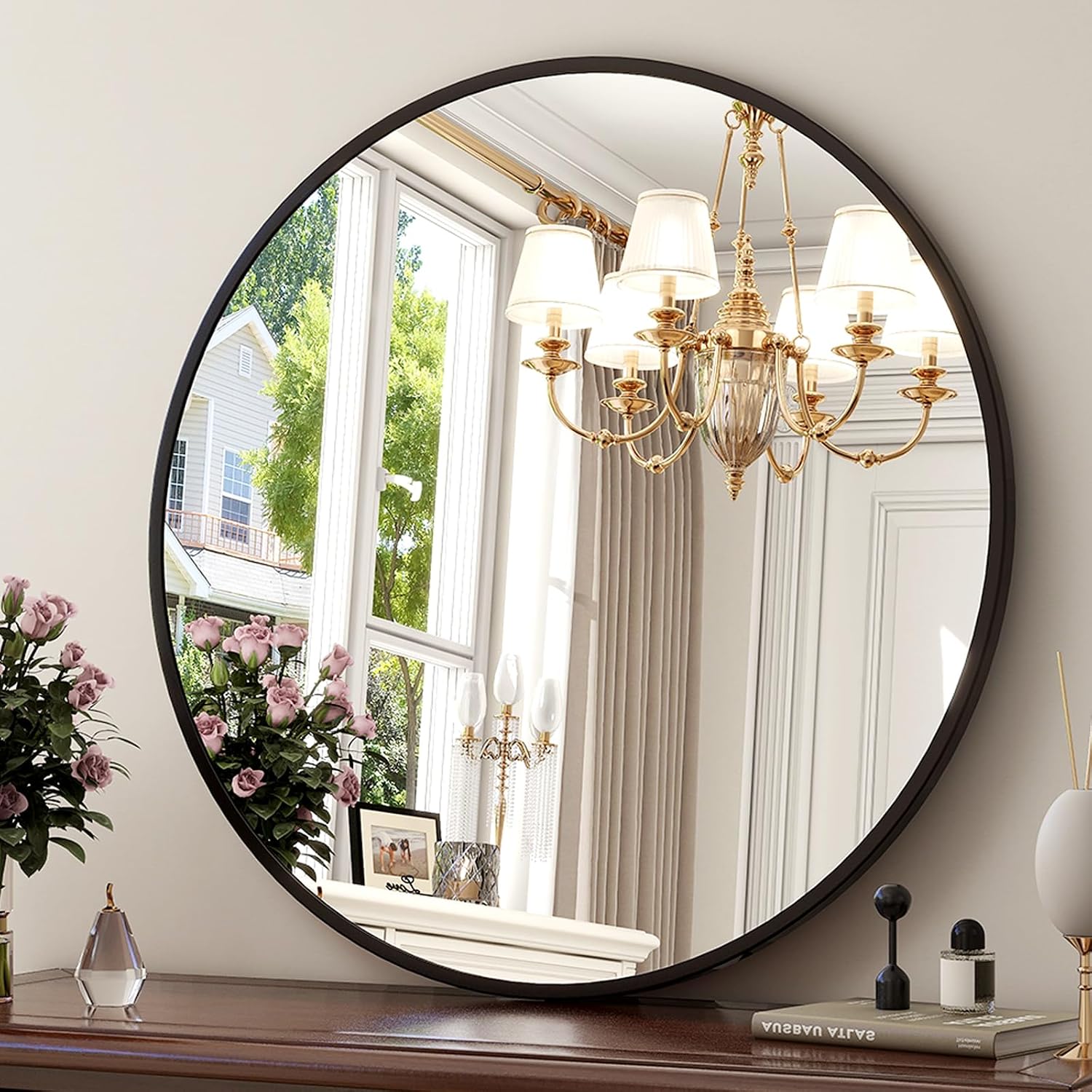 XRAMFY 36 Inch Round Black Circle Wall Mirror, Metal Frame