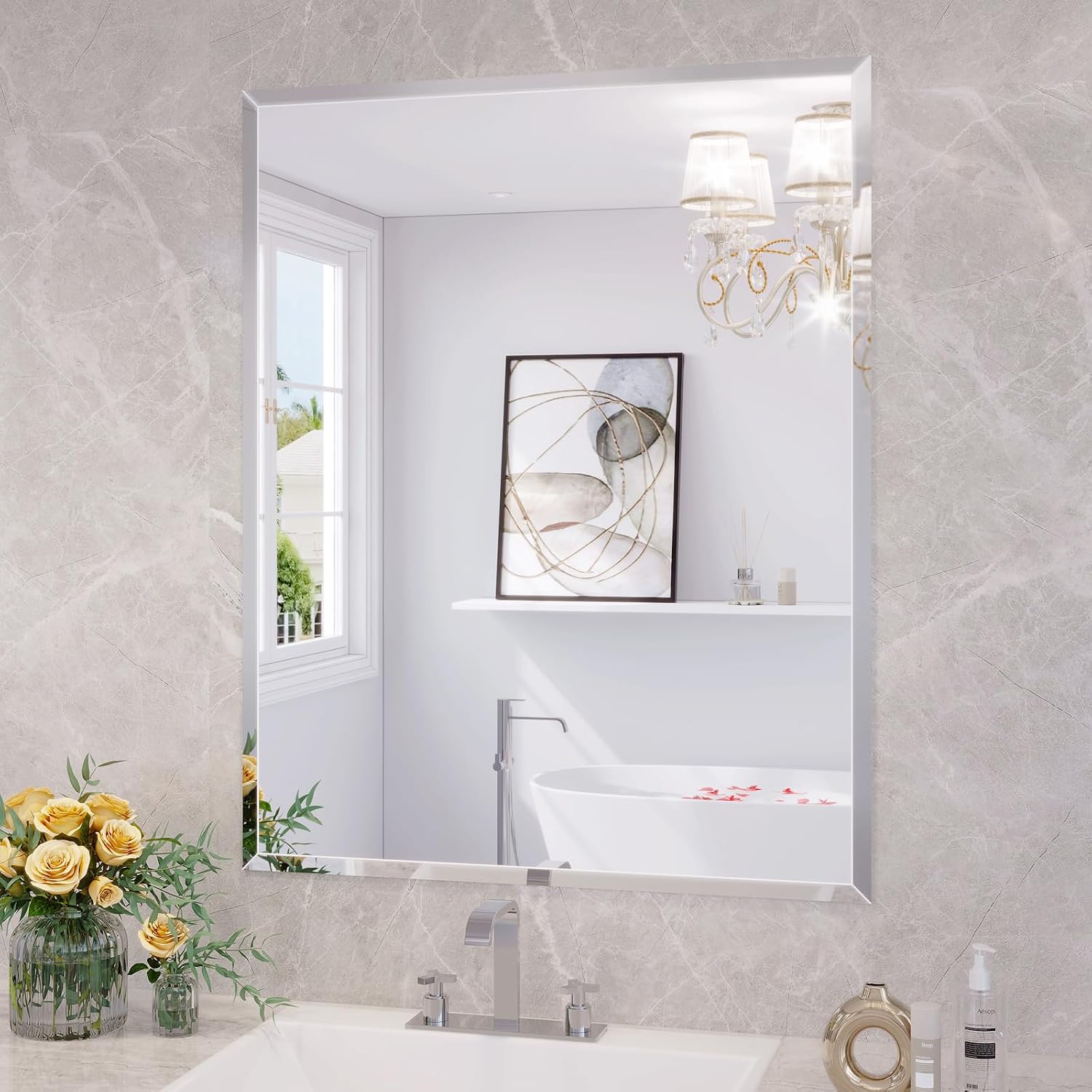 Frameless Beveled Wall Mirror, 24 x 30 Inch