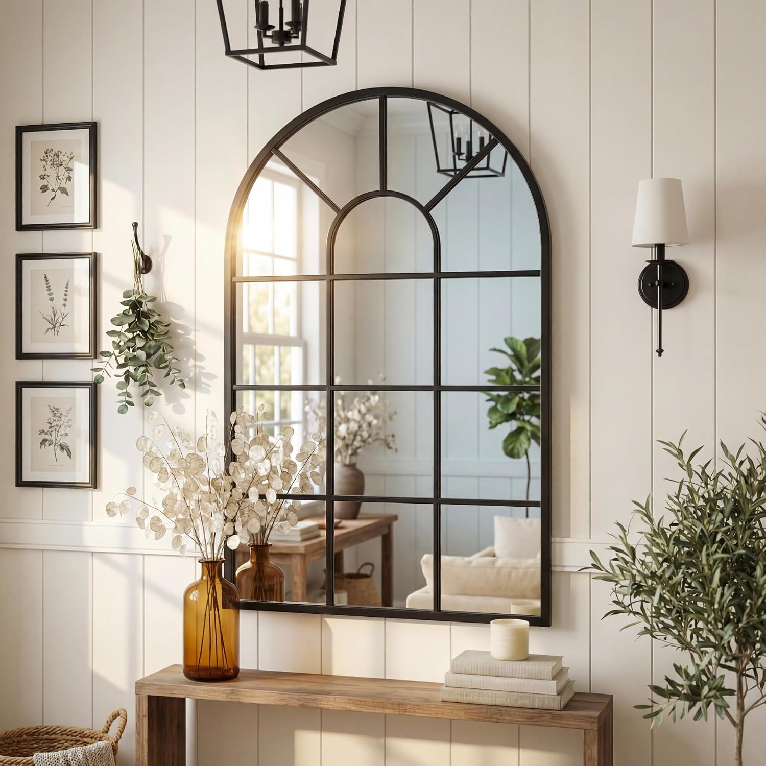 Black Arched Window Mirror, Farmhouse Decorative Wall Mirror