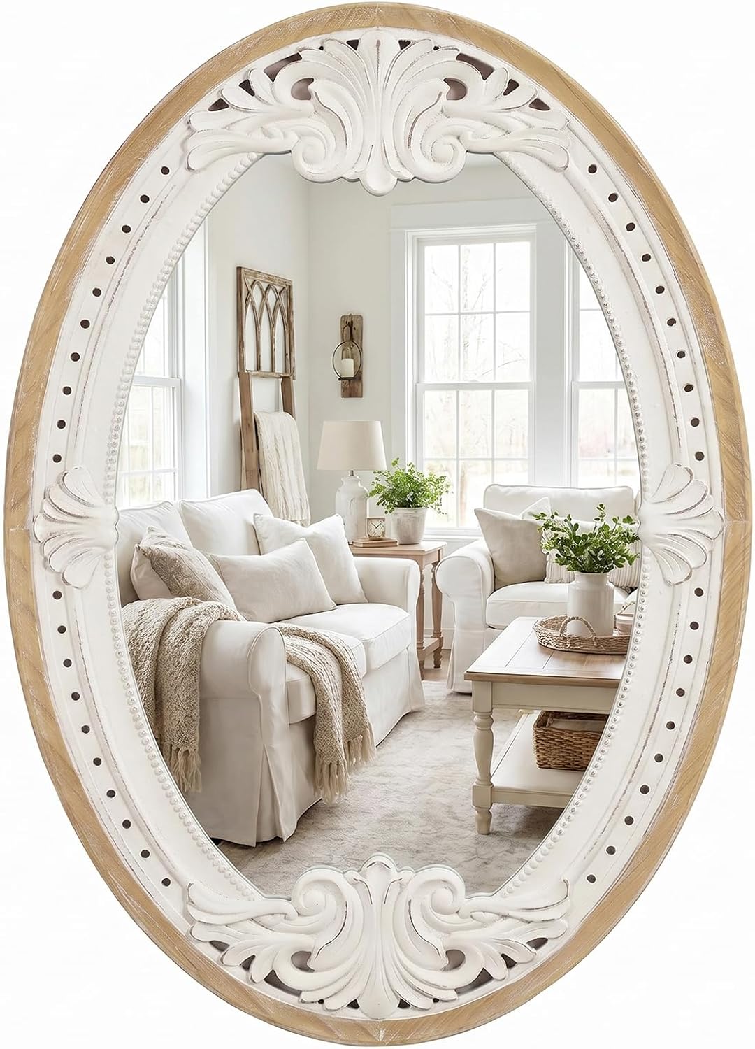 Carved Wood Farmhouse Boho Oval Wall Mirror, 20 x 30 Inch
