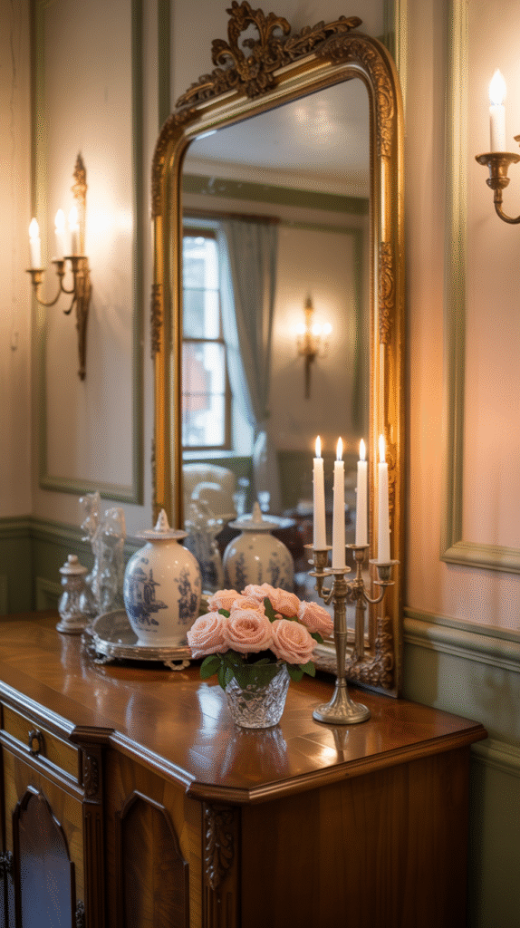 Antique gold framed mirror adding old-world elegance to the dining room
