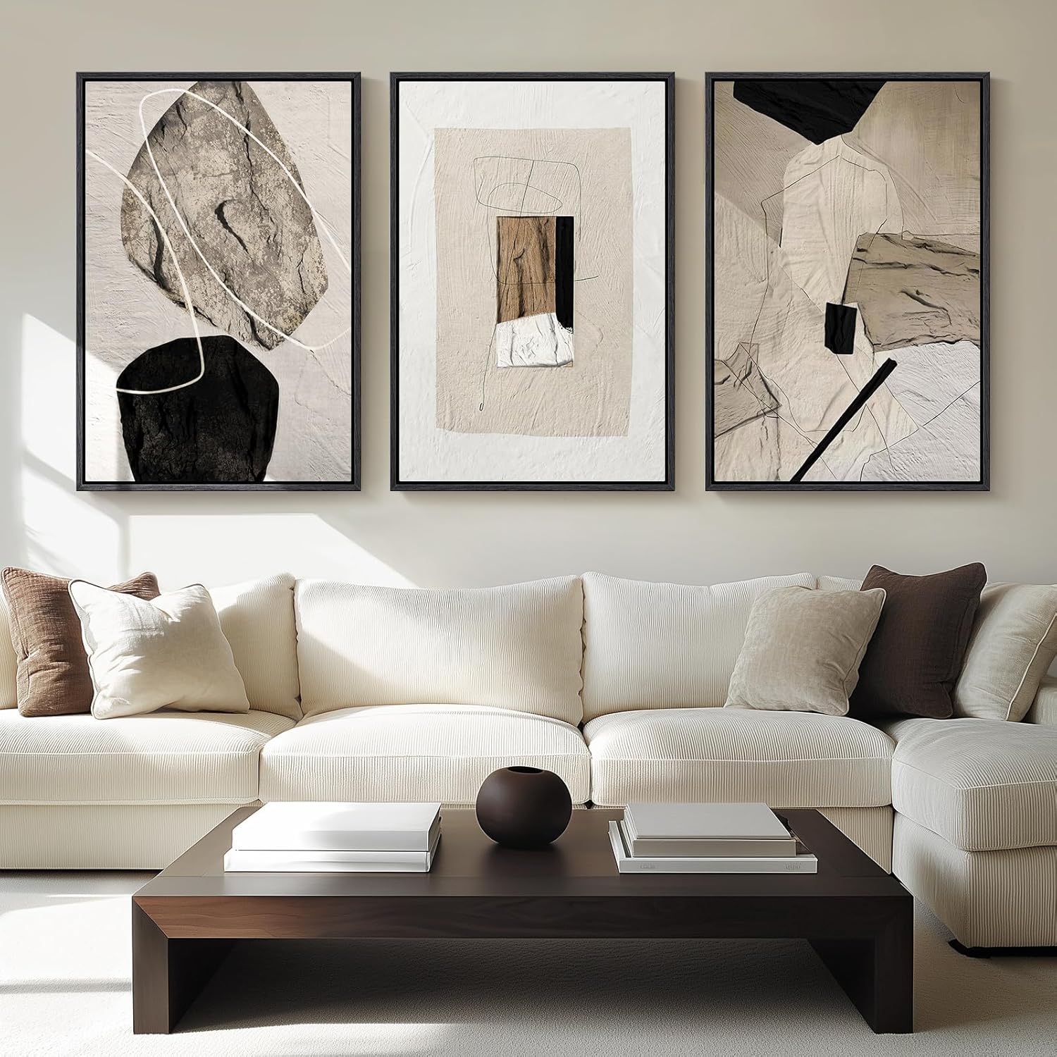 Large Framed Neutral Abstract Wall Art, Set of 3, 24 x 36 Inch