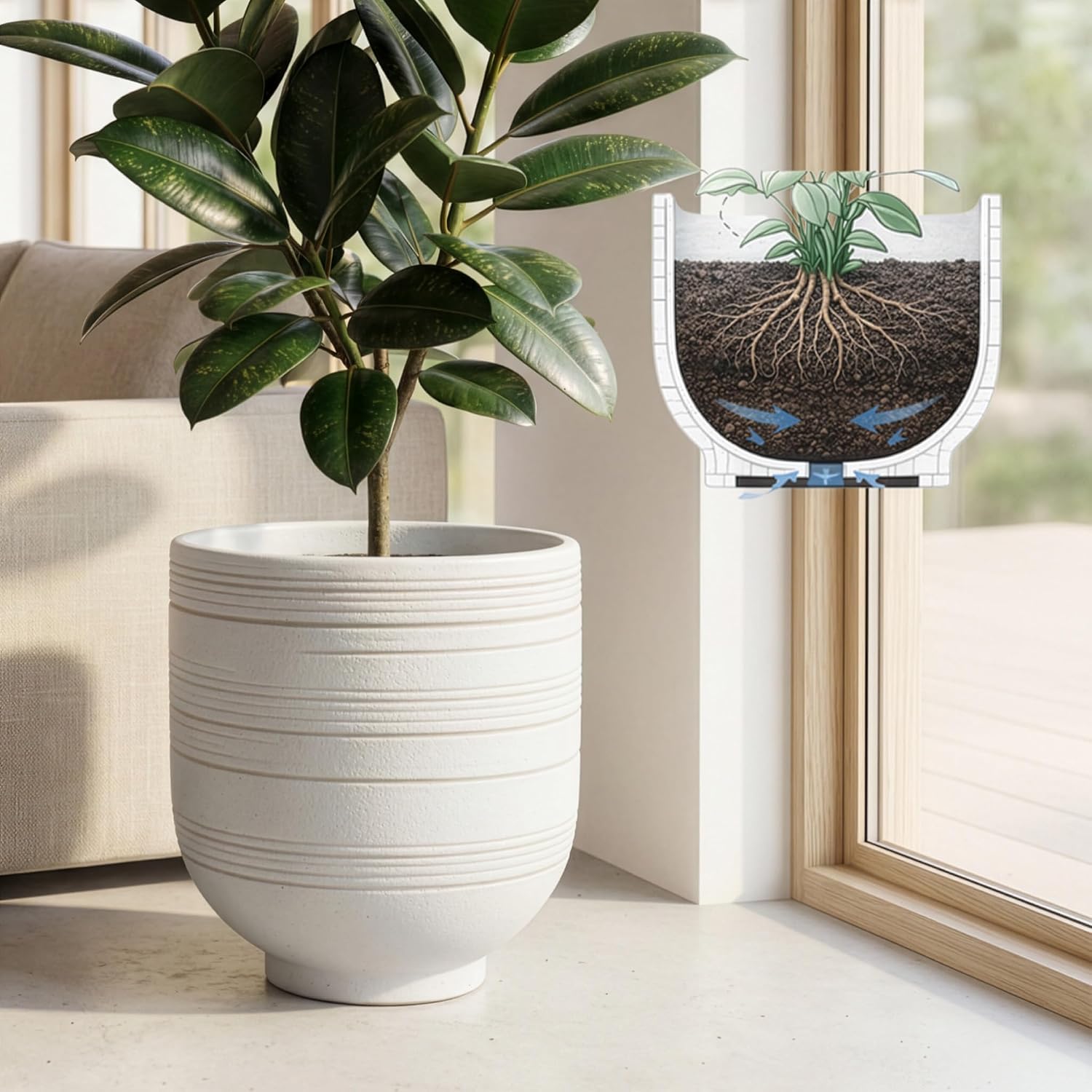 HERDUK Large White Ceramic Planter for Indoor Trees