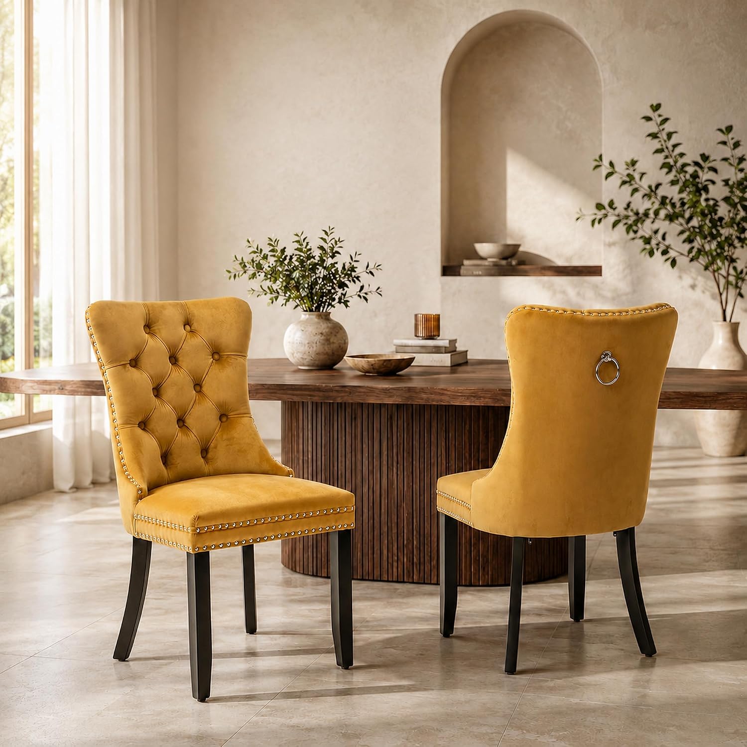 Velvet Upholstered Dining Chair with Nailhead Trim, Gold